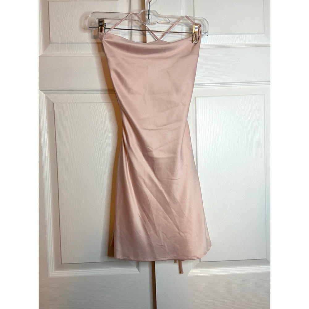 Princess Polly Cowl Neck Lace Up Back Satin Mini Dress Blush Pink US 0